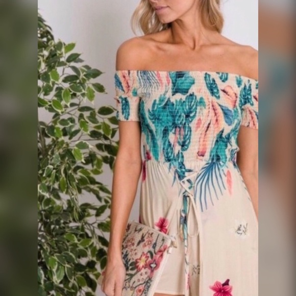 Bold Cream/Green Tropical Print Maxi Dress Romper - Picture 4 of 5